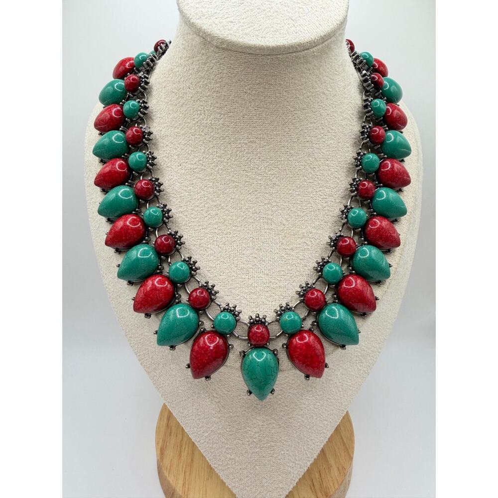 Southwest Statement Necklace Set | Turquoise Coral Style Bib Necklace + Bracelet - Picture 2 of 7